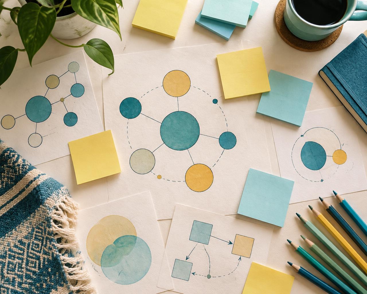Hand-drawn diagrams of connected circles, sticky notes, coloured pencils and woven cloth on a warm desk